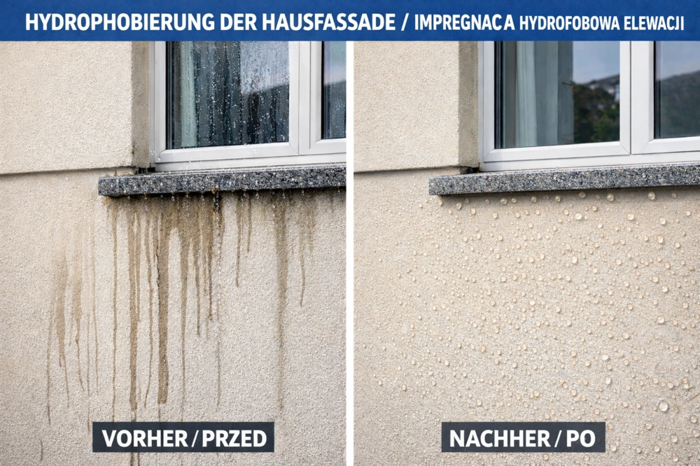 Przed i po impregnacji elewacji hydrofobowej – widoczne zacieki po lewej i perlenie wody po prawej