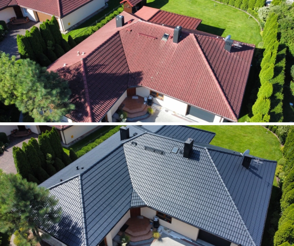 Widok z lotu ptaka przed i po Malowaniu dachówek na dachu domu jednorodzinnego