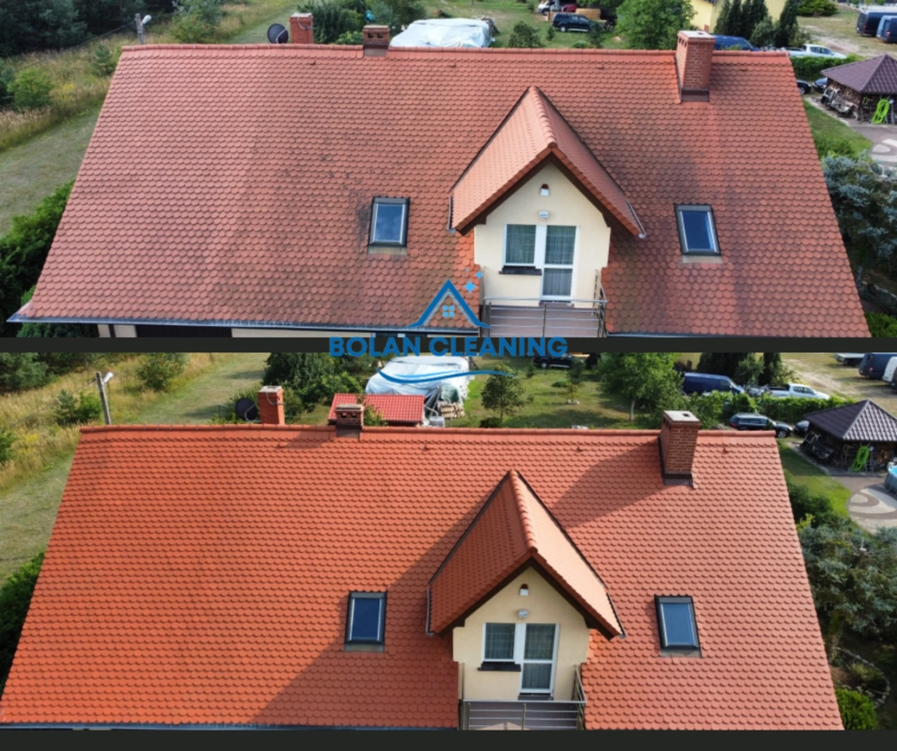 Widok z góry na dach z ceglanej dachówki przed i po myciu dachu